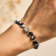 Buddha Stones 925 Sterling Silver Black and White Cat Fire Agate Bead Love Bracelet - image 5
