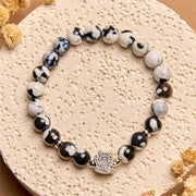 Buddha Stones 925 Sterling Silver Black and White Cat Fire Agate Bead Love Bracelet - image 3