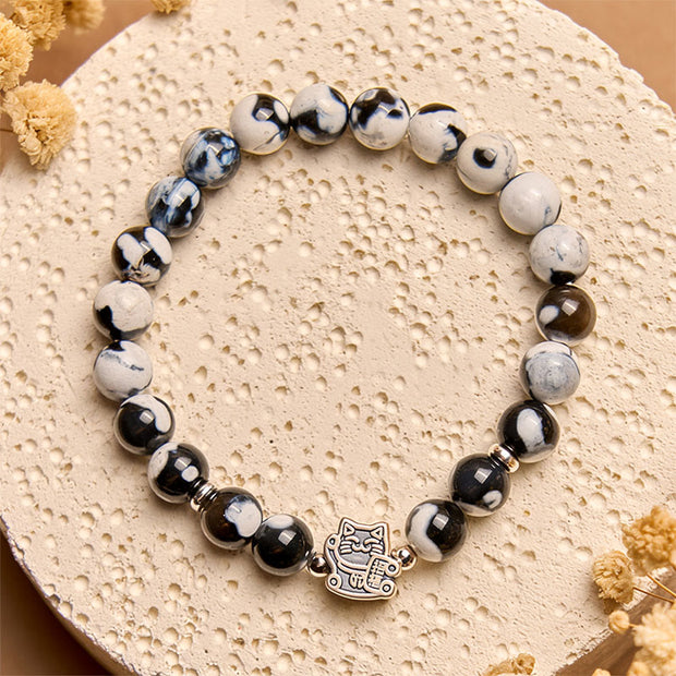 Buddha Stones 925 Sterling Silver Black and White Cat Fire Agate Bead Love Bracelet - image 3