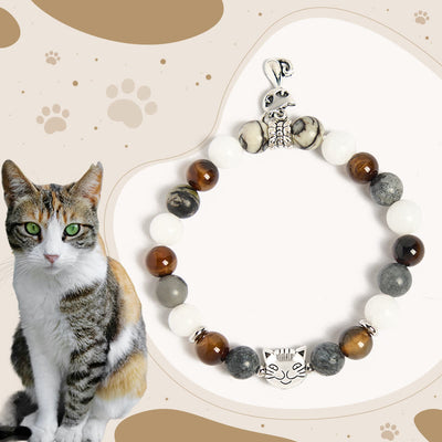 FREE Today: Protection Strength Handmade Save A Cat Black Veined Jasper Brown Striped Agate Bracelet - Tricolor Cat(Wrist Circumference 15-16cm) - image 0