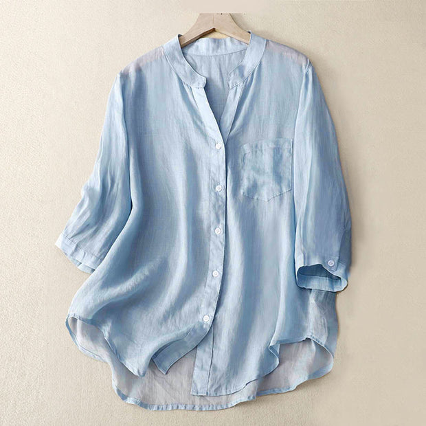 Buddha Stones Casual Plain Women's V-Neck Design Three Quarter Sleeve  Shirt - LightBlue - US8-10，UK/AU12-14，EU40-42 (2XL) - image 1