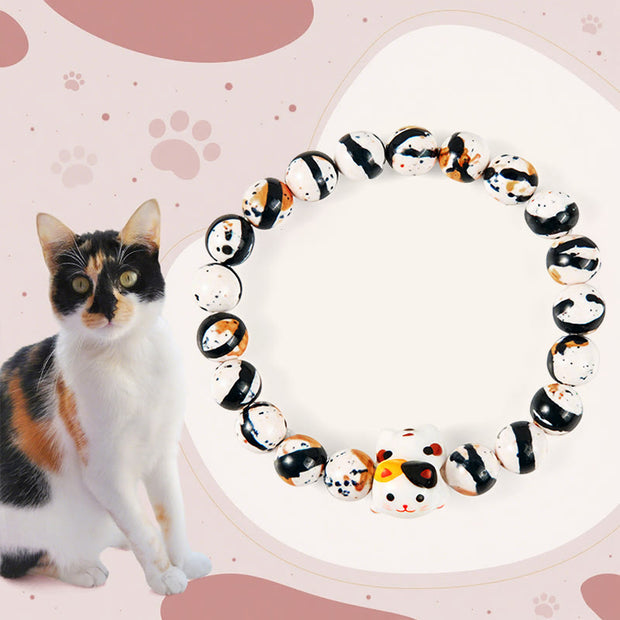 Buddha Stones Calico Cat Natural Stone Ceramic Kitten Head Strength Bracelet - Calico Cat(Wrist Circumference 15-16cm) - image 1