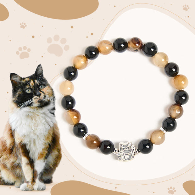 Buddha Stones 925 Sterling Silver Tortoiseshell Cat Light Brown Striped Agate Black Onyx Bracelet - Tortoiseshell Cat(Wrist Circumference 15-16cm) - image 1
