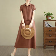 Buddha Stones Summer Plain Single Breasted Drawstring Cotton Linen Midi Dress With Pockets - Sienna - US8-10，UK/AU12-14，EU40-42 (2XL) - image 1