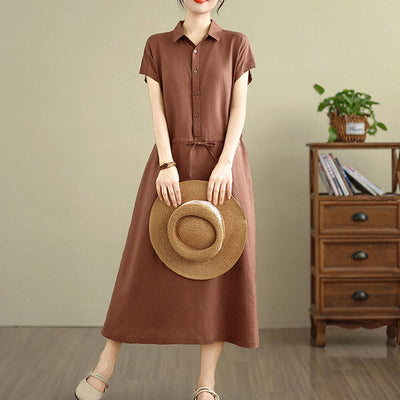 Buddha Stones Summer Plain Single Breasted Drawstring Cotton Linen Midi Dress With Pockets - Sienna - US8-10，UK/AU12-14，EU40-42 (2XL) - image 1