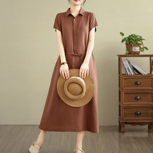 Buddha Stones Summer Plain Single Breasted Drawstring Cotton Linen Midi Dress With Pockets - Sienna - US8-10，UK/AU12-14，EU40-42 (2XL) - image 1