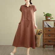 Buddha Stones Summer Plain Single Breasted Drawstring Cotton Linen Midi Dress With Pockets - image 5