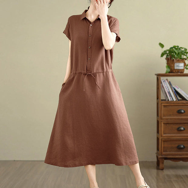 Buddha Stones Summer Plain Single Breasted Drawstring Cotton Linen Midi Dress With Pockets - image 6