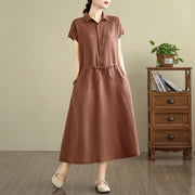 Buddha Stones Summer Plain Single Breasted Drawstring Cotton Linen Midi Dress With Pockets - image 4