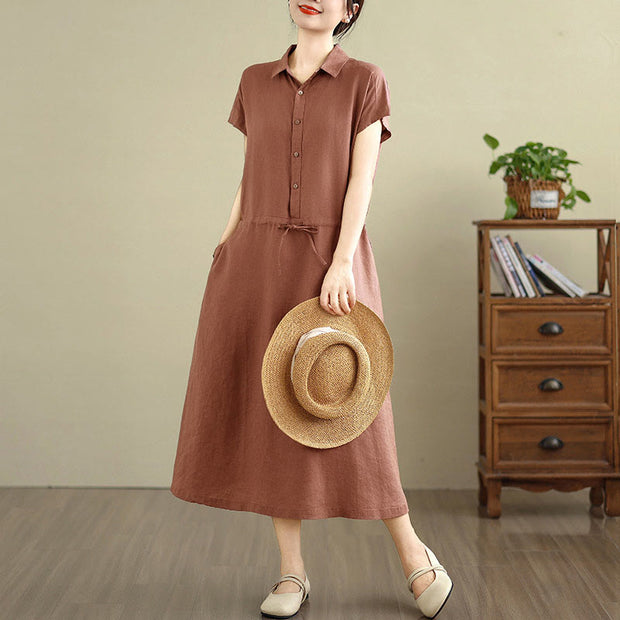 Buddha Stones Summer Plain Single Breasted Drawstring Cotton Linen Midi Dress With Pockets - image 2