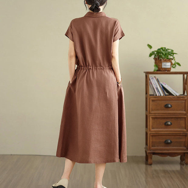 Buddha Stones Summer Plain Single Breasted Drawstring Cotton Linen Midi Dress With Pockets - image 3