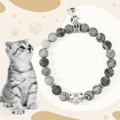 FREE Today: Emotional Balance and Strength Handmade Save A Cat Black Veined Jasper Bracelet - Grey Tabby Cat(Wrist Circumference 15-16cm) - image 1