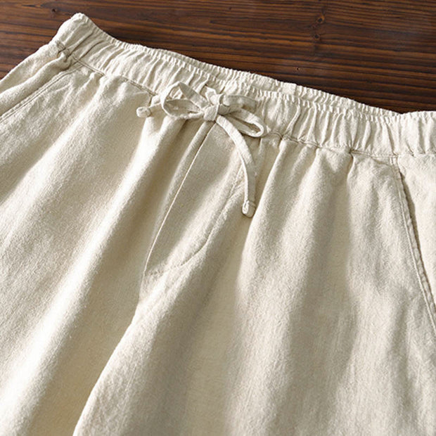 Buddha Stones Casual Solid Color Simple Design Drawstring Ramie Linen Men's Pants With Pockets - image 2
