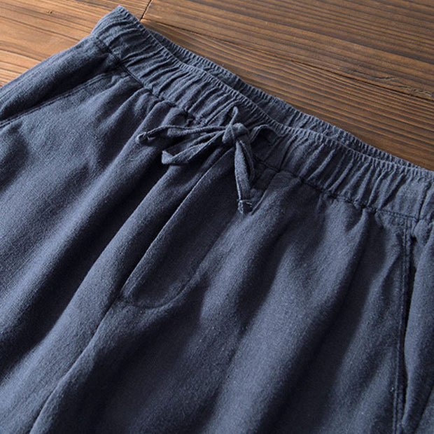 Buddha Stones Casual Solid Color Simple Design Drawstring Ramie Linen Men's Pants With Pockets - image 22