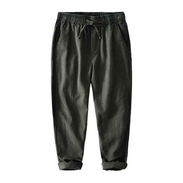Buddha Stones Casual Solid Color Simple Design Drawstring Ramie Linen Men's Pants With Pockets - image 29