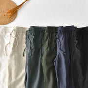 Buddha Stones Casual Solid Color Simple Design Drawstring Ramie Linen Men's Pants With Pockets - image 34
