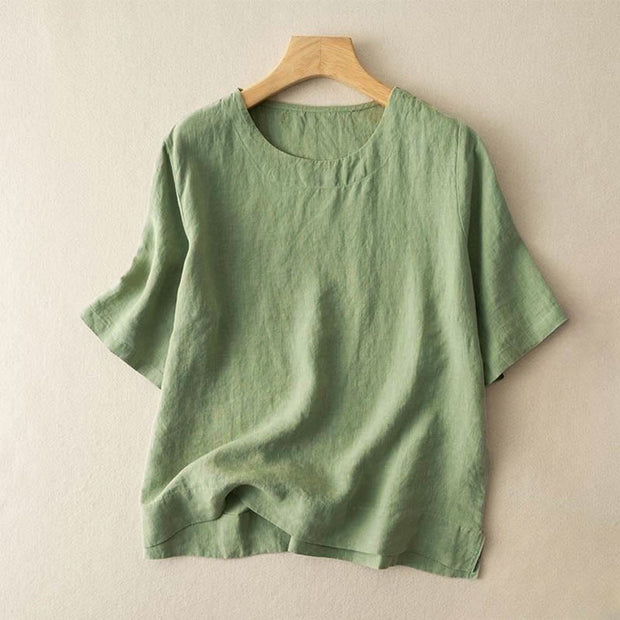 Buddha Stones Simple Plain Short Sleeve Crew Neck Side Slit Cotton Women's T-Shirt - LightGreen - US12，UK/AU16，EU44 (3XL) - image 4