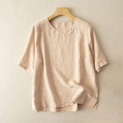 Buddha Stones Simple Plain Short Sleeve Crew Neck Side Slit Cotton Women's T-Shirt - Khaki - US12，UK/AU16，EU44 (3XL) - image 3