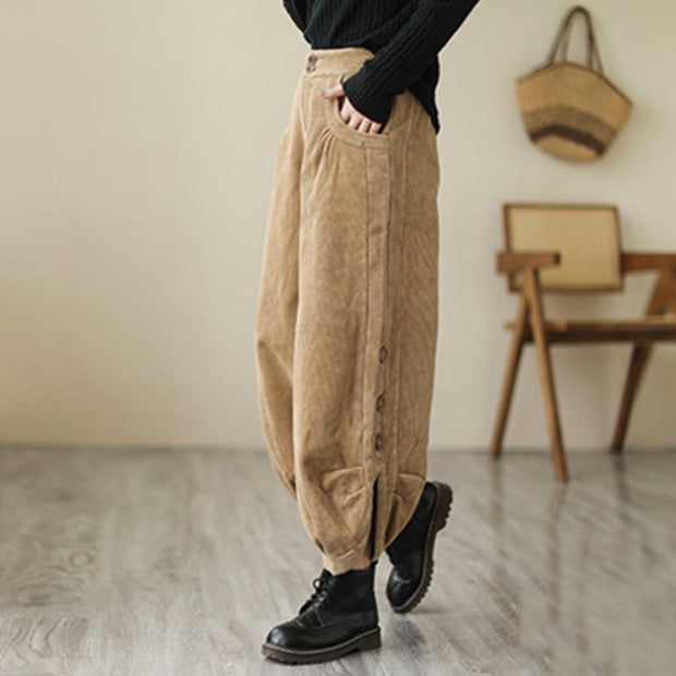 Buddha Stones Casual Buttons Leg Opening Design Women's Cotton Corduroy Pants With Pockets - image 2
