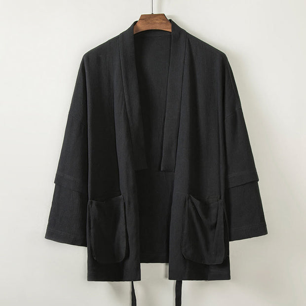 Buddha Stones Pure Color Simple Design Open Front Jacket Men's Cotton Linen Kimono With Pockets - Black - US/UK/AU48，EU58 (4XL) - image 6