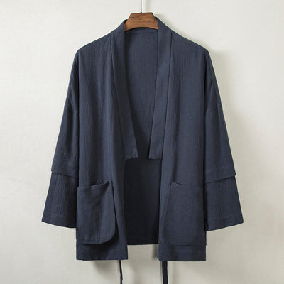 Buddha Stones Pure Color Simple Design Open Front Jacket Men's Cotton Linen Kimono With Pockets - MidnightBlue - US/UK/AU48，EU58 (4XL) - image 1