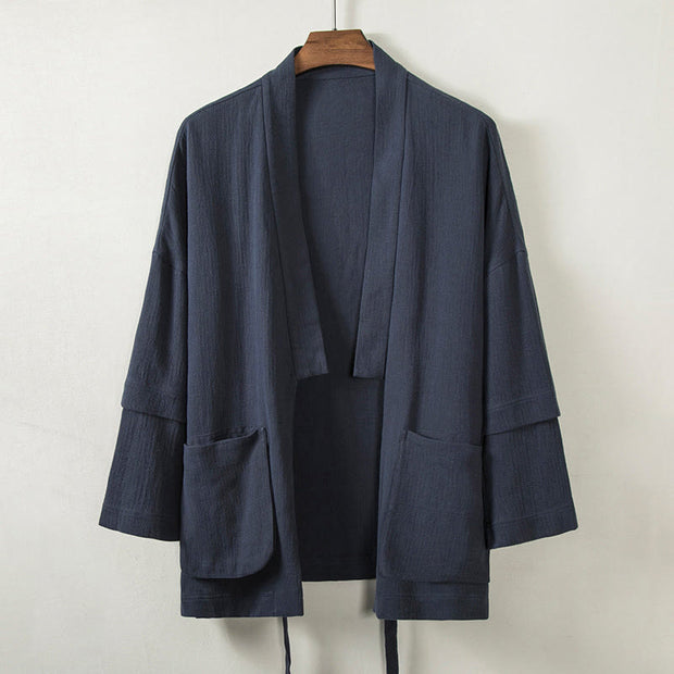 Buddha Stones Pure Color Simple Design Open Front Jacket Men's Cotton Linen Kimono With Pockets - MidnightBlue - US/UK/AU48，EU58 (4XL) - image 1