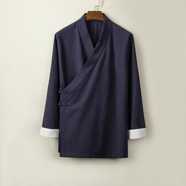 Buddha Stones Retro Chinese Frog-Buttons Design Open Front Jacket Men's Cotton Kimono - MidnightBlue - US/UK/AU44，EU54 (4XL) - image 7