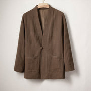 Buddha Stones Men's Plain Pleats Frog-Button Design Open Front Jacket Cotton Linen Kimono - SaddleBrown - US/UK/AU48，EU58 (4XL) - image 1