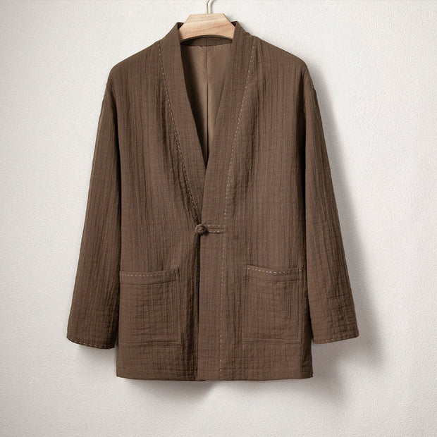 Buddha Stones Men's Plain Pleats Frog-Button Design Open Front Jacket Cotton Linen Kimono - SaddleBrown - US/UK/AU48，EU58 (4XL) - image 1