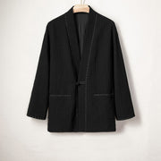Buddha Stones Men's Plain Pleats Frog-Button Design Open Front Jacket Cotton Linen Kimono - Black - US/UK/AU48，EU58 (4XL) - image 7