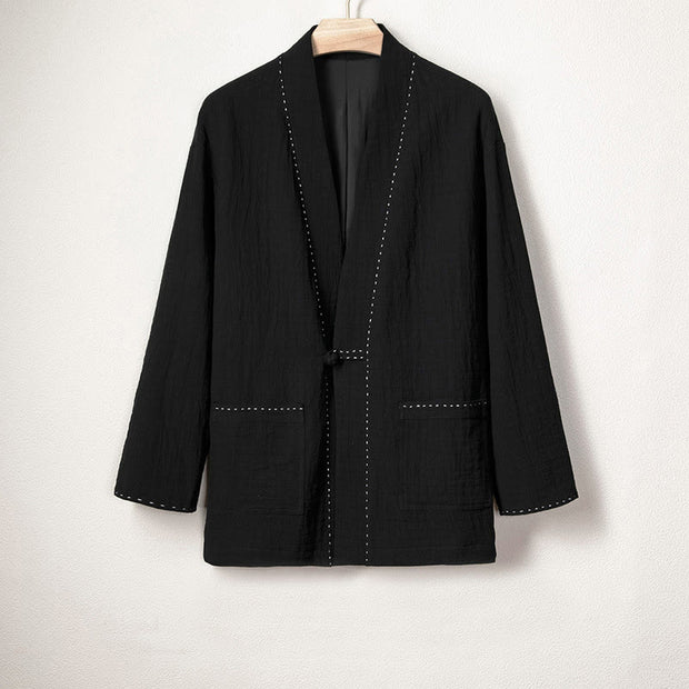 Buddha Stones Men's Plain Pleats Frog-Button Design Open Front Jacket Cotton Linen Kimono - Black - US/UK/AU48，EU58 (4XL) - image 7
