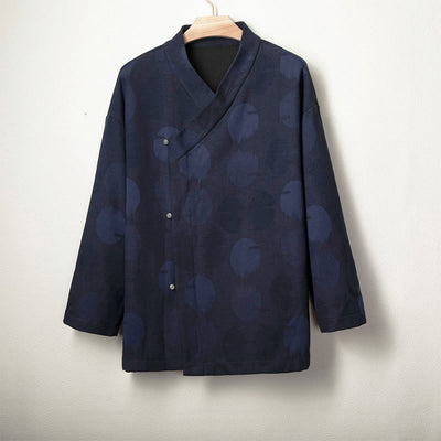 Buddha Stones Jacquard Button Men's Cotton Linen Long Sleeve Fleece-Lined Jacket Shirt - MidnightBlue - US/UK/AU46，EU56 (4XL) - image 1