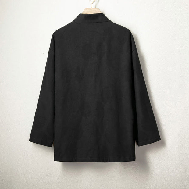 Buddha Stones Jacquard Button Men's Cotton Linen Long Sleeve Fleece-Lined Jacket Shirt - image 7