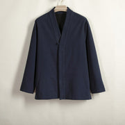 Buddha Stones Men's Plain Frog-Button Design Open Front Fleece-Lined Cotton Linen Jacket Kimono - MidnightBlue - US/UK/AU44，EU54 (4XL) - image 1
