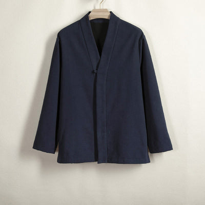 Buddha Stones Men's Plain Frog-Button Design Open Front Fleece-Lined Cotton Linen Jacket Kimono - MidnightBlue - US/UK/AU44，EU54 (4XL) - image 1