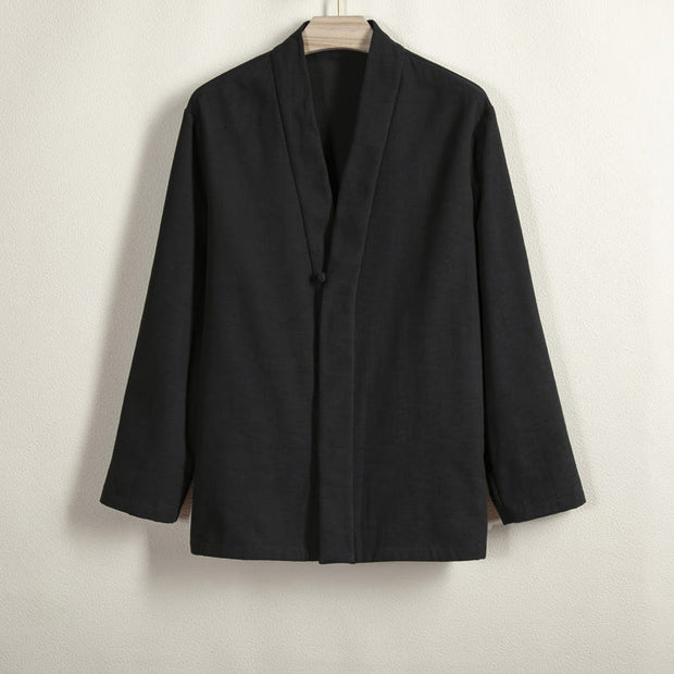 Buddha Stones Men's Plain Frog-Button Design Open Front Fleece-Lined Cotton Linen Jacket Kimono - Black - US/UK/AU44，EU54 (4XL) - image 10