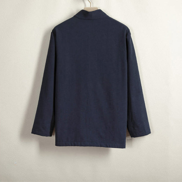 Buddha Stones Men's Plain Frog-Button Design Open Front Fleece-Lined Cotton Linen Jacket Kimono - image 2