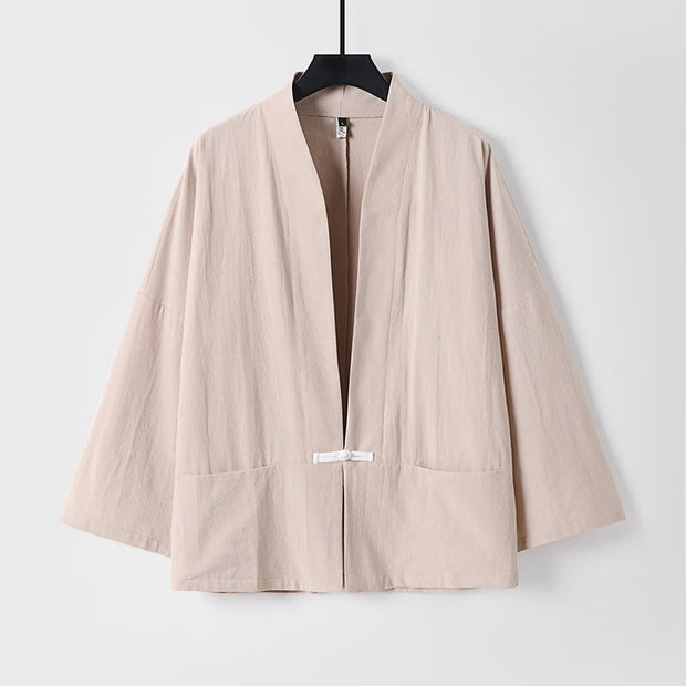Buddha Stones Vintage Frog-Button Design Men's Open Front Cotton Linen Jacket Kimono With Pockets - BlanchedAlmond - US/UK/AU54，EU64 (9XL) - image 4