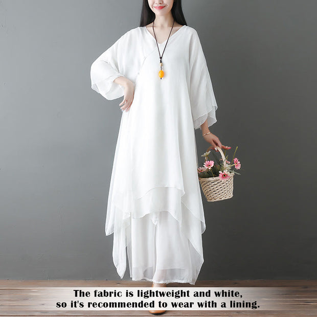 Buddha Stones V-Neck Midi Tunic Dress Wide Leg Pants Meditation Zen Practice Dance Clothing - image 3