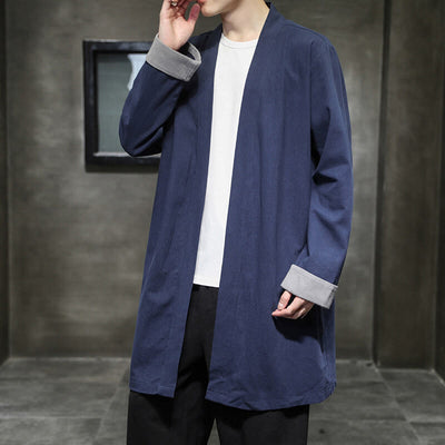 Buddha Stones Spring Vintage Open Front Men's Cotton Linen Zen Jacket Kimono - DarkSlateBlue - US/UK/AU46，EU56 (5XL) - image 1