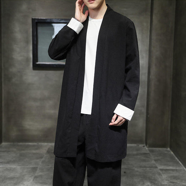 Buddha Stones Spring Vintage Open Front Men's Cotton Linen Zen Jacket Kimono - Black - US/UK/AU46，EU56 (5XL) - image 9