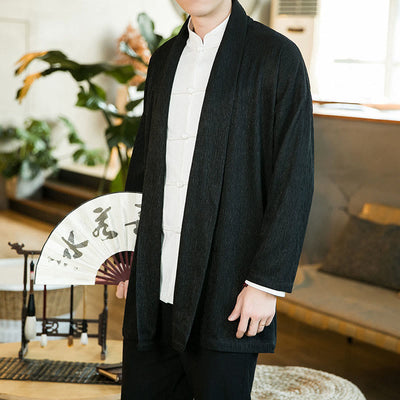 Buddha Stones Spring Pure Color Open Front Cotton Linen Men's  Jacket Kimono - Black - US/UK/AU46，EU56 (5XL) - image 1