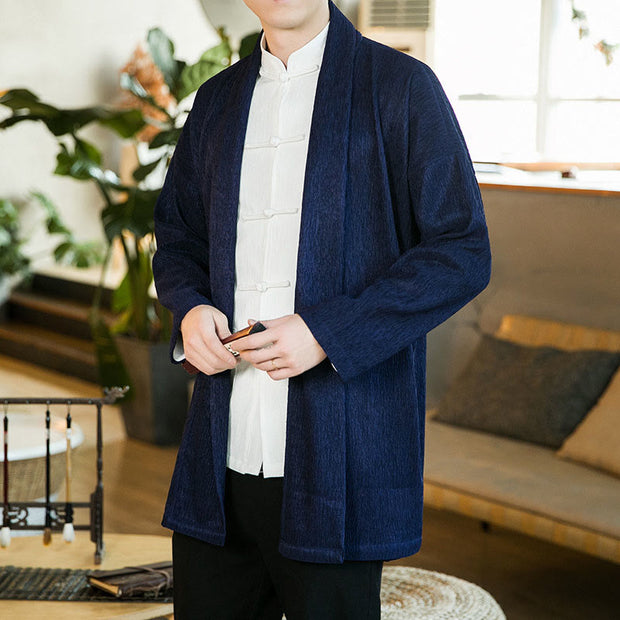 Buddha Stones Spring Pure Color Open Front Cotton Linen Men's  Jacket Kimono - MidnightBlue - US/UK/AU46，EU56 (5XL) - image 11