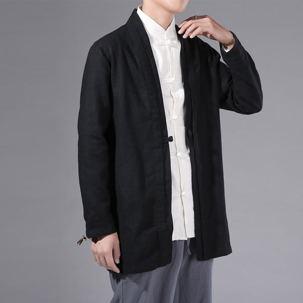Buddha Stones Casual Plain Simple Design Open Front Cotton Linen Men's Long Sleeve Jacket Kimono - Black - US/UK/AU42，EU52 (3XL) - image 12