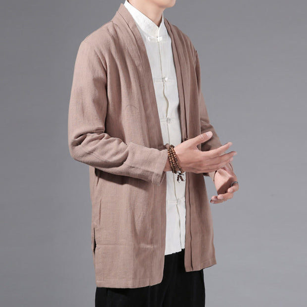 Buddha Stones Casual Plain Simple Design Open Front Cotton Linen Men's Long Sleeve Jacket Kimono - image 28
