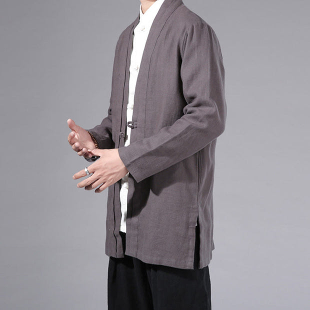 Buddha Stones Casual Plain Simple Design Open Front Cotton Linen Men's Long Sleeve Jacket Kimono - image 34