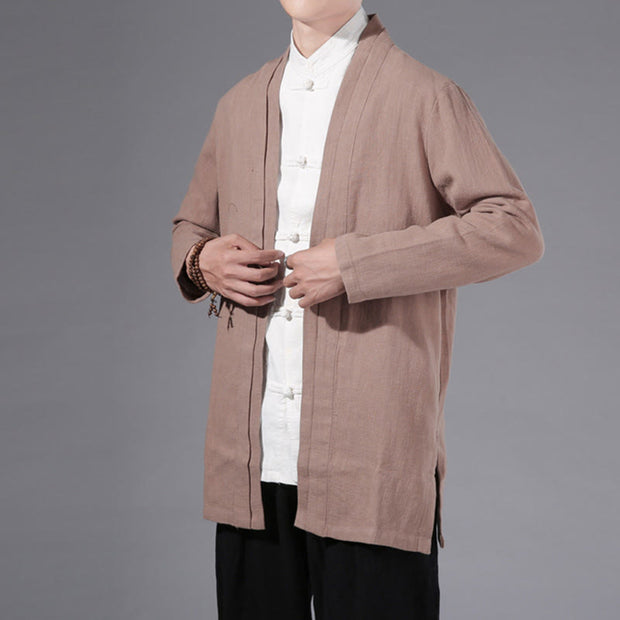 Buddha Stones Casual Plain Simple Design Open Front Cotton Linen Men's Long Sleeve Jacket Kimono - image 24