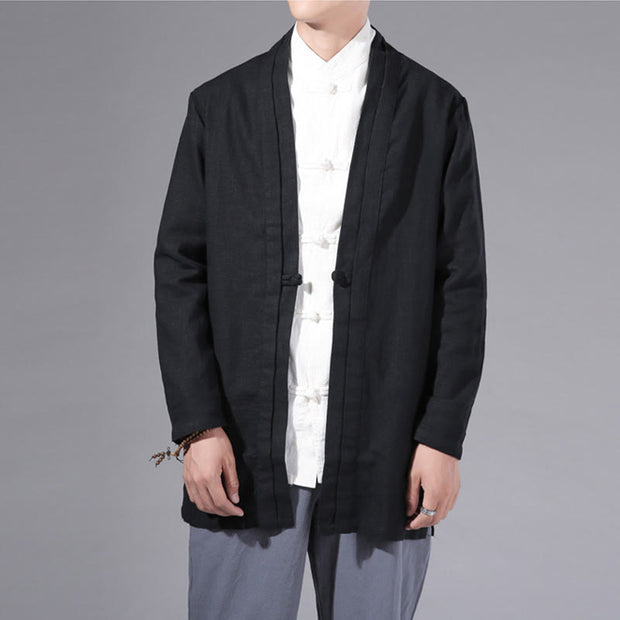 Buddha Stones Casual Plain Simple Design Open Front Cotton Linen Men's Long Sleeve Jacket Kimono - image 19