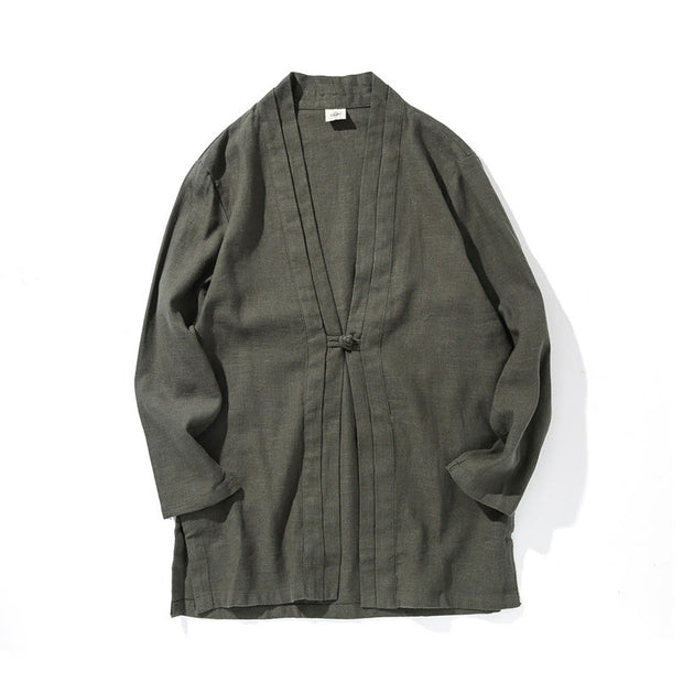 Buddha Stones Casual Plain Simple Design Open Front Cotton Linen Men's Long Sleeve Jacket Kimono - image 11