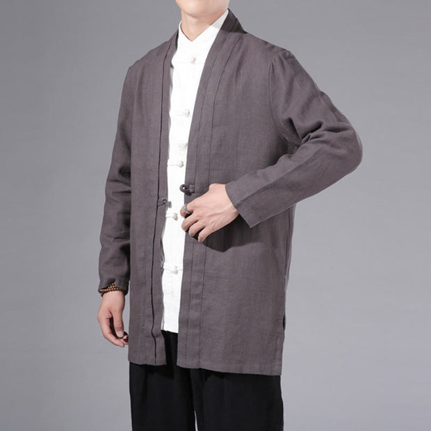 Buddha Stones Casual Plain Simple Design Open Front Cotton Linen Men's Long Sleeve Jacket Kimono - image 33